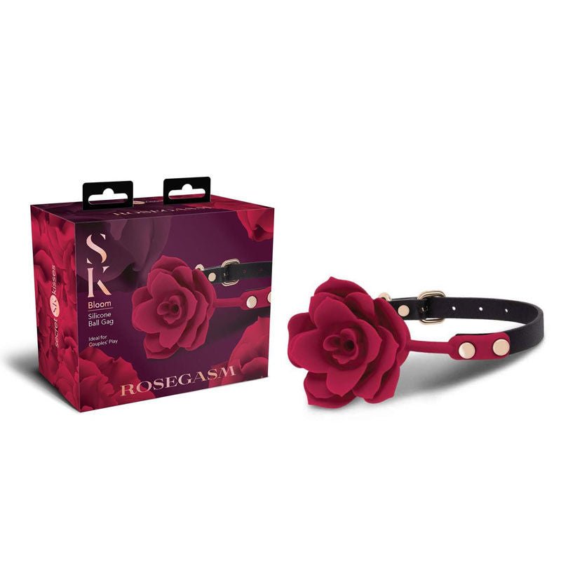 Secret kisses - rosegasm bloom - bondage silicone gag - Product front view and box front view | Flirtybay.com.au